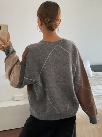 DAZY Plaid Loose Long Sleeve Crew Neck Women Sweater