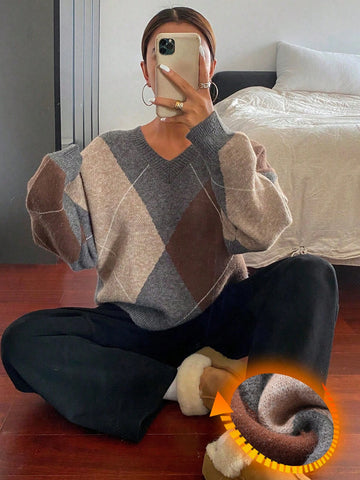 DAZY Plaid Loose Long Sleeve Crew Neck Women Sweater