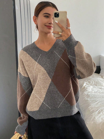 DAZY Plaid Loose Long Sleeve Crew Neck Women Sweater