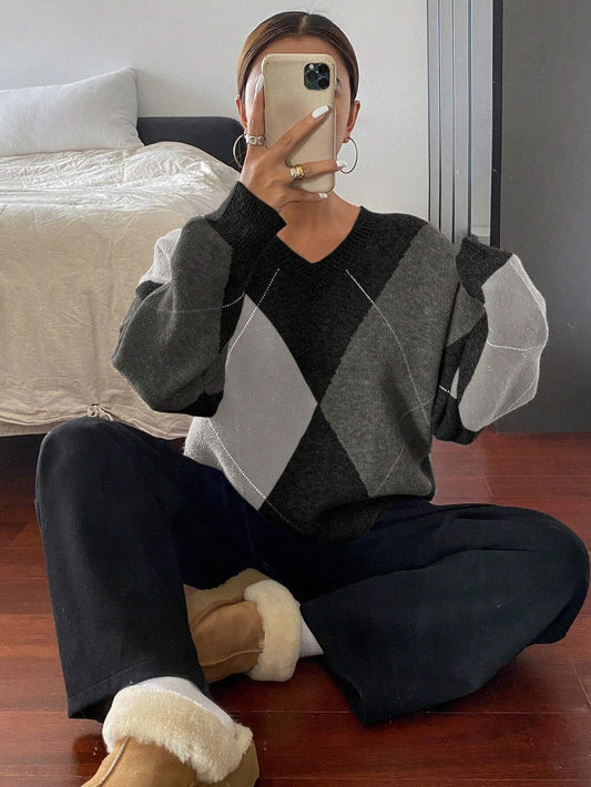 DAZY Plaid Loose Long Sleeve Crew Neck Women Sweater