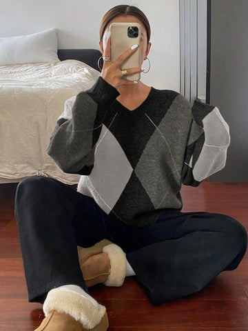 DAZY Plaid Loose Long Sleeve Crew Neck Women Sweater