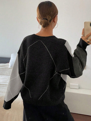 DAZY Plaid Loose Long Sleeve Crew Neck Women Sweater