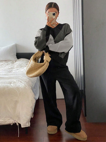 DAZY Plaid Loose Long Sleeve Crew Neck Women Sweater