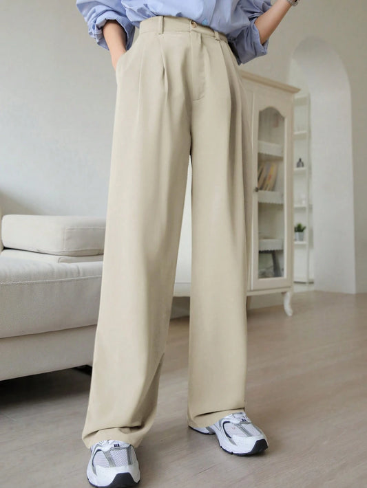 DAZY Plain Casual Solid Color Pleated Straight-Leg Dress Pants