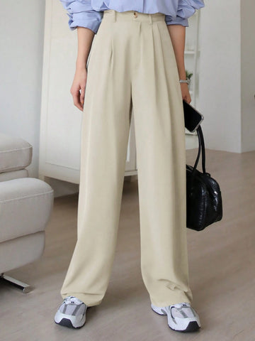 DAZY Plain Casual Solid Color Pleated Straight-Leg Dress Pants