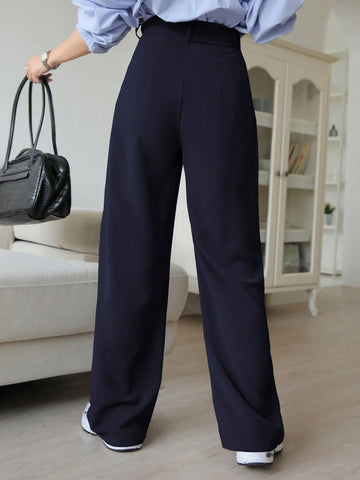 DAZY Plain Casual Solid Color Pleated Straight-Leg Dress Pants