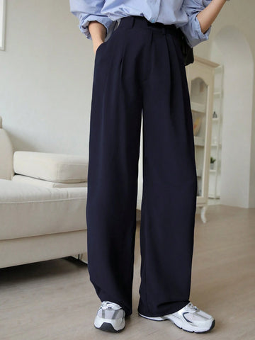 DAZY Plain Casual Solid Color Pleated Straight-Leg Dress Pants