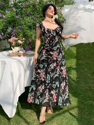 DAZY Women's Sweetheart Neck Floral Printed Dress With Ruffle Hem