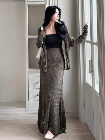 DAZY Pointelle Knit Drop Shoulder Cardigan & Knit Skirt