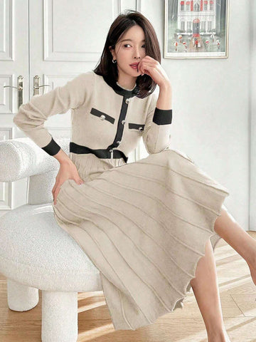 DAZY Color Block Crew Neck Midi Knitted Sweater Dress