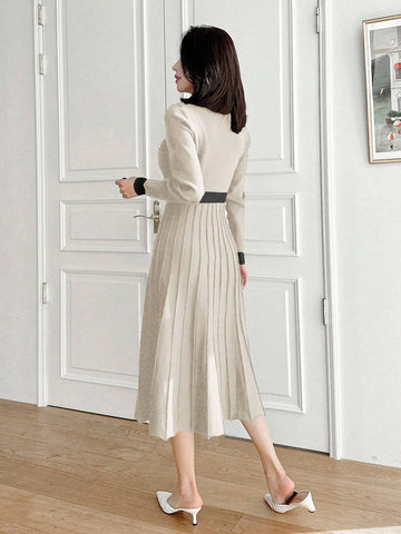 DAZY Color Block Crew Neck Midi Knitted Sweater Dress