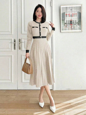 DAZY Color Block Crew Neck Midi Knitted Sweater Dress