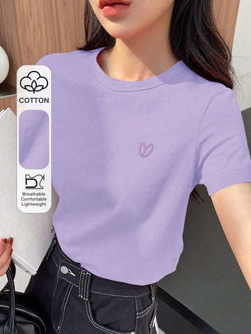 DAZY Solid Color Embroidered Heart Short Sleeve T-Shirt
