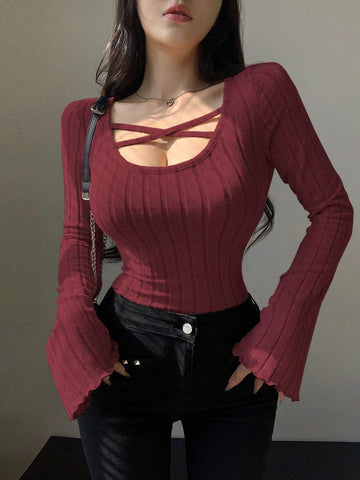 DAZY Cross Detail Long Sleeve T-Shirt