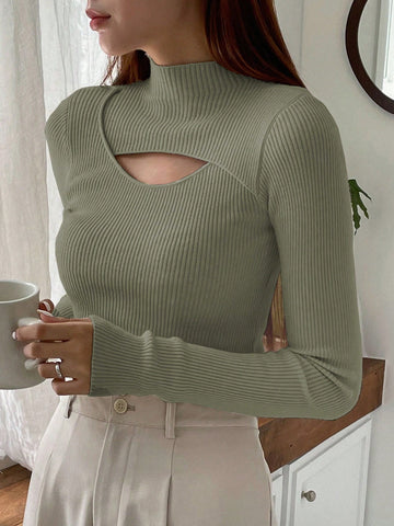 DAZY Cut Out Mock Neck Ribbed Knit Sweater,Long Sleeve Tops