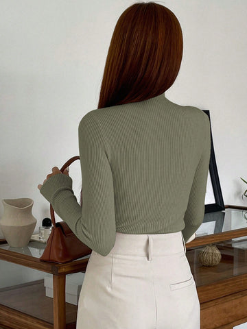 DAZY Cut Out Mock Neck Ribbed Knit Sweater,Long Sleeve Tops