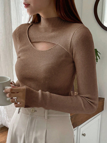 DAZY Cut Out Mock Neck Ribbed Knit Sweater,Long Sleeve Tops