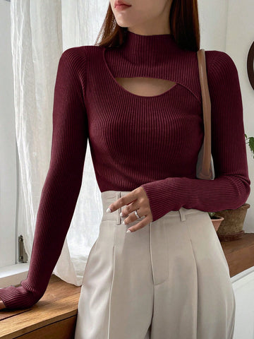 DAZY Cut Out Mock Neck Ribbed Knit Sweater,Long Sleeve Tops