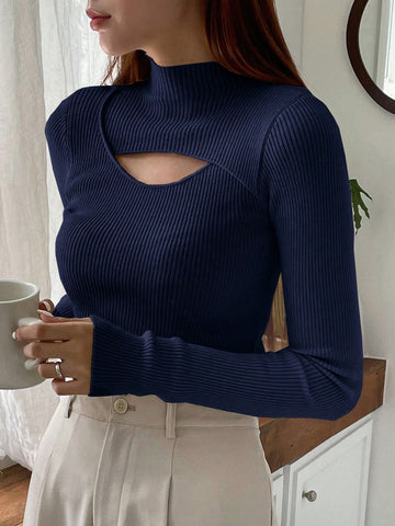 DAZY Cut Out Mock Neck Ribbed Knit Sweater,Long Sleeve Tops