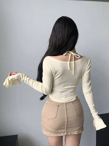DAZY Women's Party & Back To School Two-Piece Look Long Sleeve T-Shirt