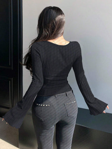 DAZY Cross Detail Long Sleeve T-Shirt