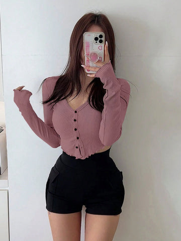 DAZY Solid Button Front Lettuce Trim Crop Tee