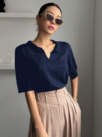 DAZY Striped Polo Collar Short Sleeve Casual Women Knitwear Top