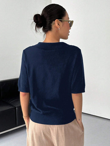 DAZY Striped Polo Collar Short Sleeve Casual Women Knitwear Top