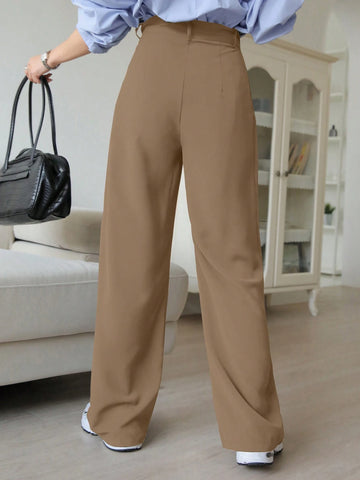 DAZY Plain Casual Solid Color Pleated Straight-Leg Dress Pants