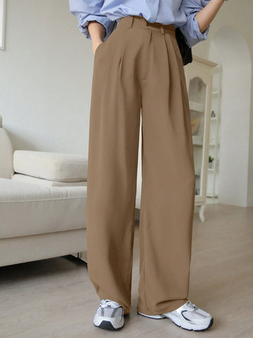 DAZY Plain Casual Solid Color Pleated Straight-Leg Dress Pants