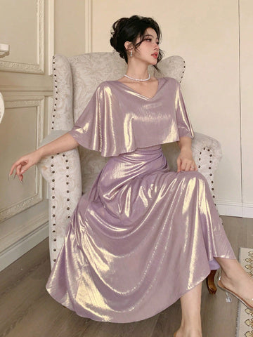 DAZY Elegant Solid Color V-Neck Mid-Length Dress