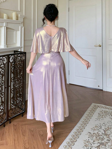DAZY Elegant Solid Color V-Neck Mid-Length Dress