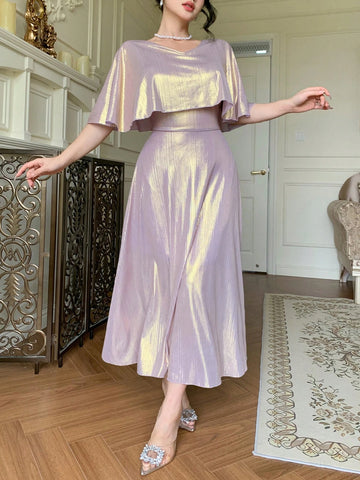 DAZY Elegant Solid Color V-Neck Mid-Length Dress
