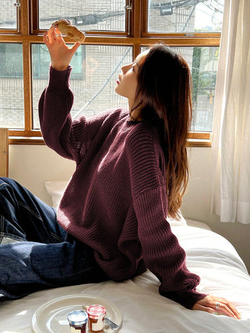 Women's Casual Solid Color Loose Fit Round Neck Sweater