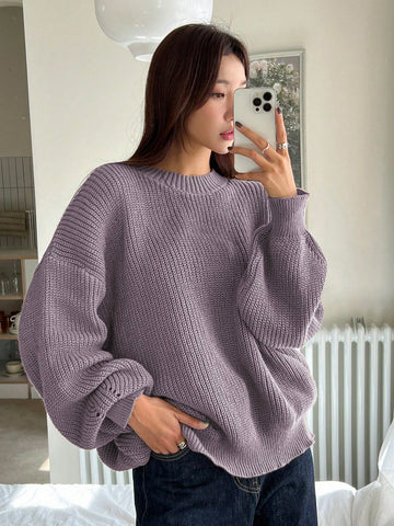 Women's Casual Solid Color Loose Fit Round Neck Sweater