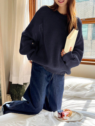 Women's Casual Solid Color Loose Fit Round Neck Sweater