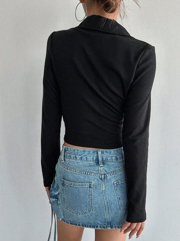 DAZY Solid Half Zip Crop Tee