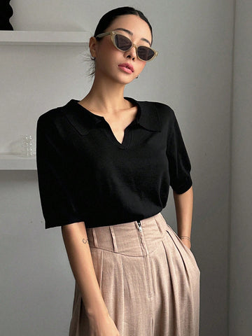 DAZY Striped Polo Collar Short Sleeve Casual Women Knitwear Top