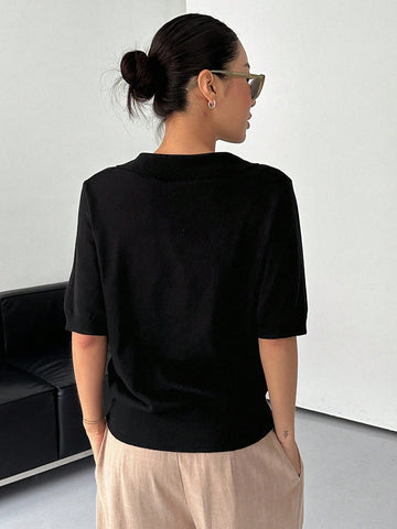 DAZY Striped Polo Collar Short Sleeve Casual Women Knitwear Top