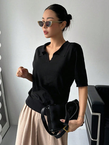 DAZY Striped Polo Collar Short Sleeve Casual Women Knitwear Top