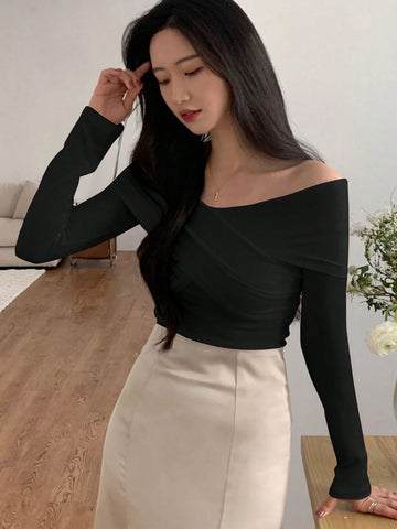 DAZY Solid Off Shoulder Cross Wrap Tee