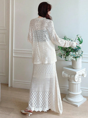 DAZY Pointelle Knit Drop Shoulder Cardigan & Knit Skirt