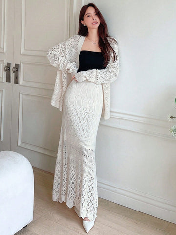 DAZY Pointelle Knit Drop Shoulder Cardigan & Knit Skirt