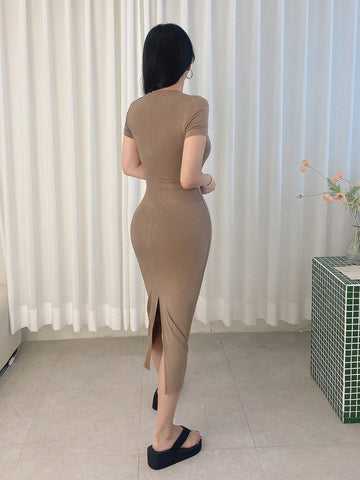 Strévra Solid Split Hem Bodycon Dress Sundress