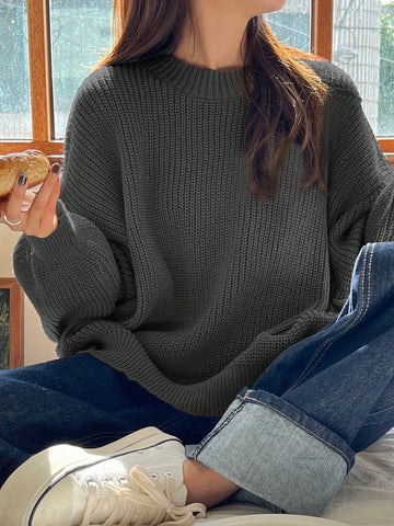 Women's Casual Solid Color Loose Fit Round Neck Sweater