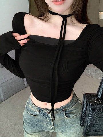 DAZY Banquet & Back To School Party Neck Mesh Contrast Long Sleeve T-Shirt