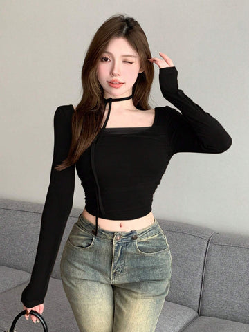 DAZY Banquet & Back To School Party Neck Mesh Contrast Long Sleeve T-Shirt