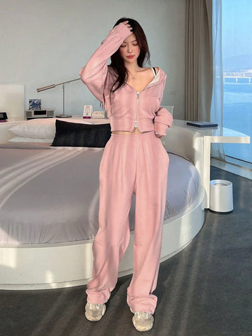 Women Casual Zipper Front Jacket And Wide Leg Pants Set