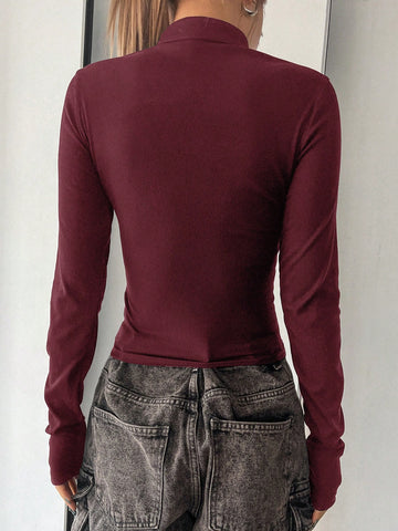 Women's Cheongsam Collar Hollow Out Slim Fit Long Sleeve T-Shirt