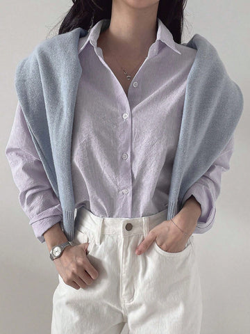DAZY Women's Striped Loose Business Casual Long Sleeve Shirt